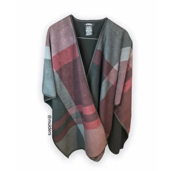 Ike Behar Checkered Plaid Red, Gray, Black Reversible Poncho Wrap - Picture 1 of 10